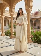 Teeya Creation Cream Color Fendy Satin Silk Heavy Embroidery Work Sharara Suit - Distacart