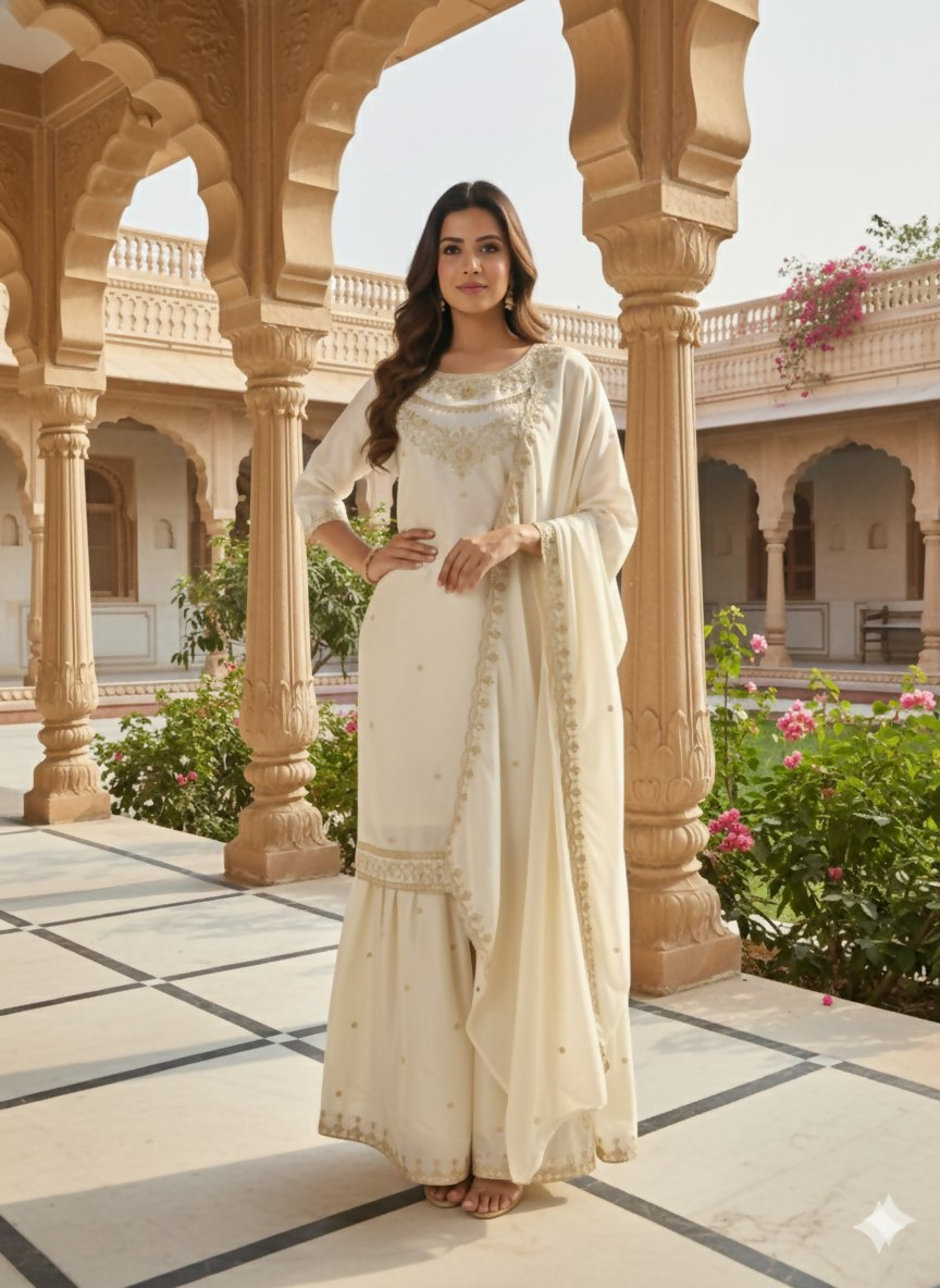 Teeya Creation Cream Color Fendy Satin Silk Heavy Embroidery Work Sharara Suit - Distacart