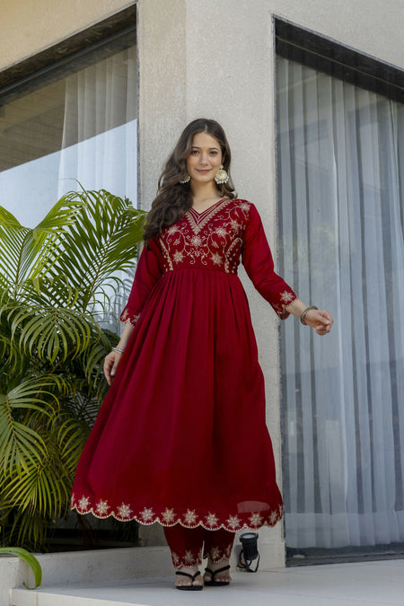 The52 Women's Beautiful Embroidery Work Vichitra Silk Fabric Flared Anarkali Pant and Dupatta Set