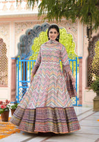 Functional Designer Off White-Muliti Dola Silk Anarkali suit with Dupatta - Ramya