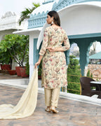 Vaasva Women's Cream Tissue Embroidered Suit Set With Solid Pant And Embroidered Dupatta