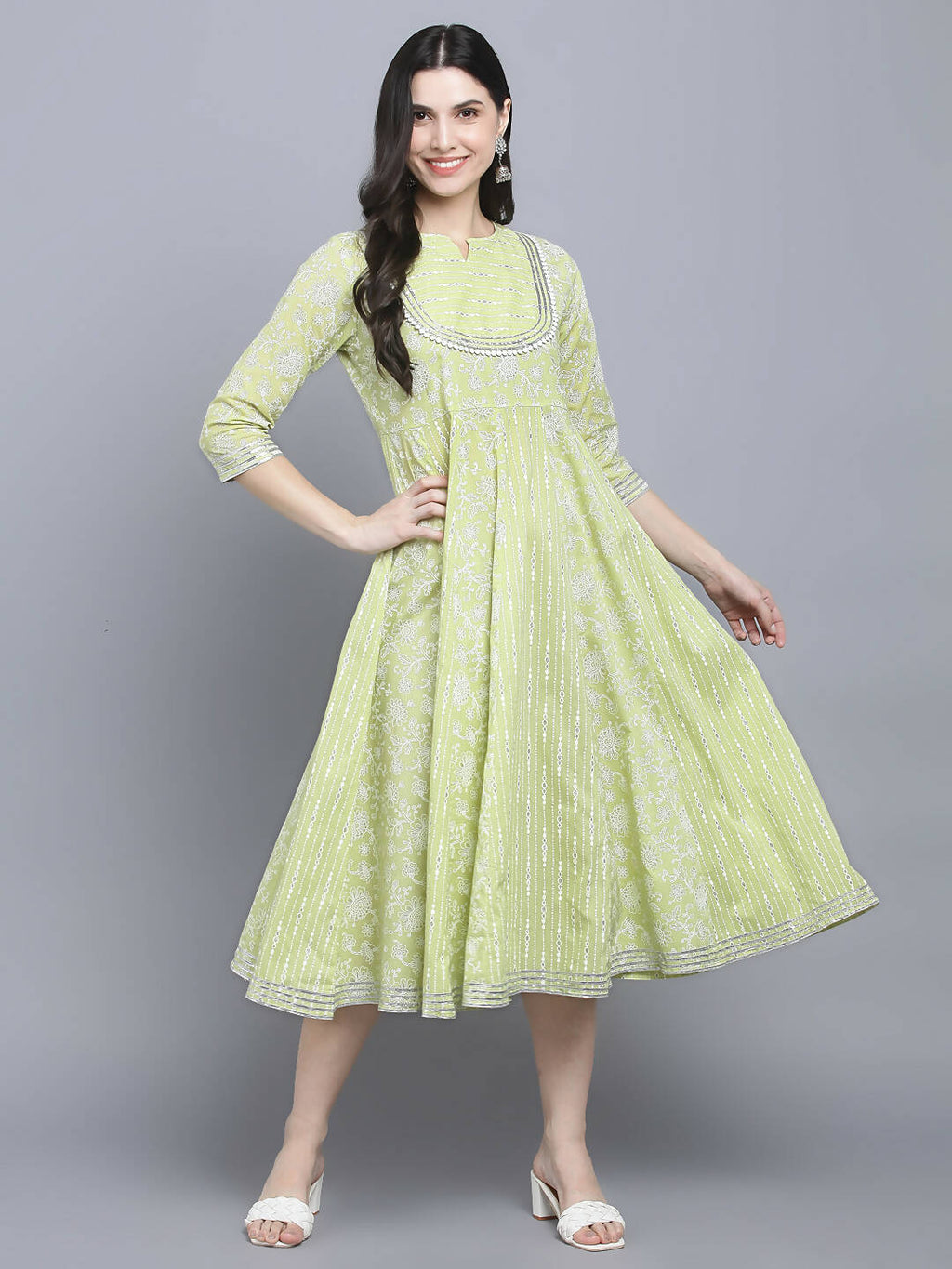 Myshka Women's Green Ethnic Motifs A-Line Midi Dress - Distacart