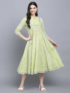 Myshka Women's Green Ethnic Motifs A-Line Midi Dress - Distacart