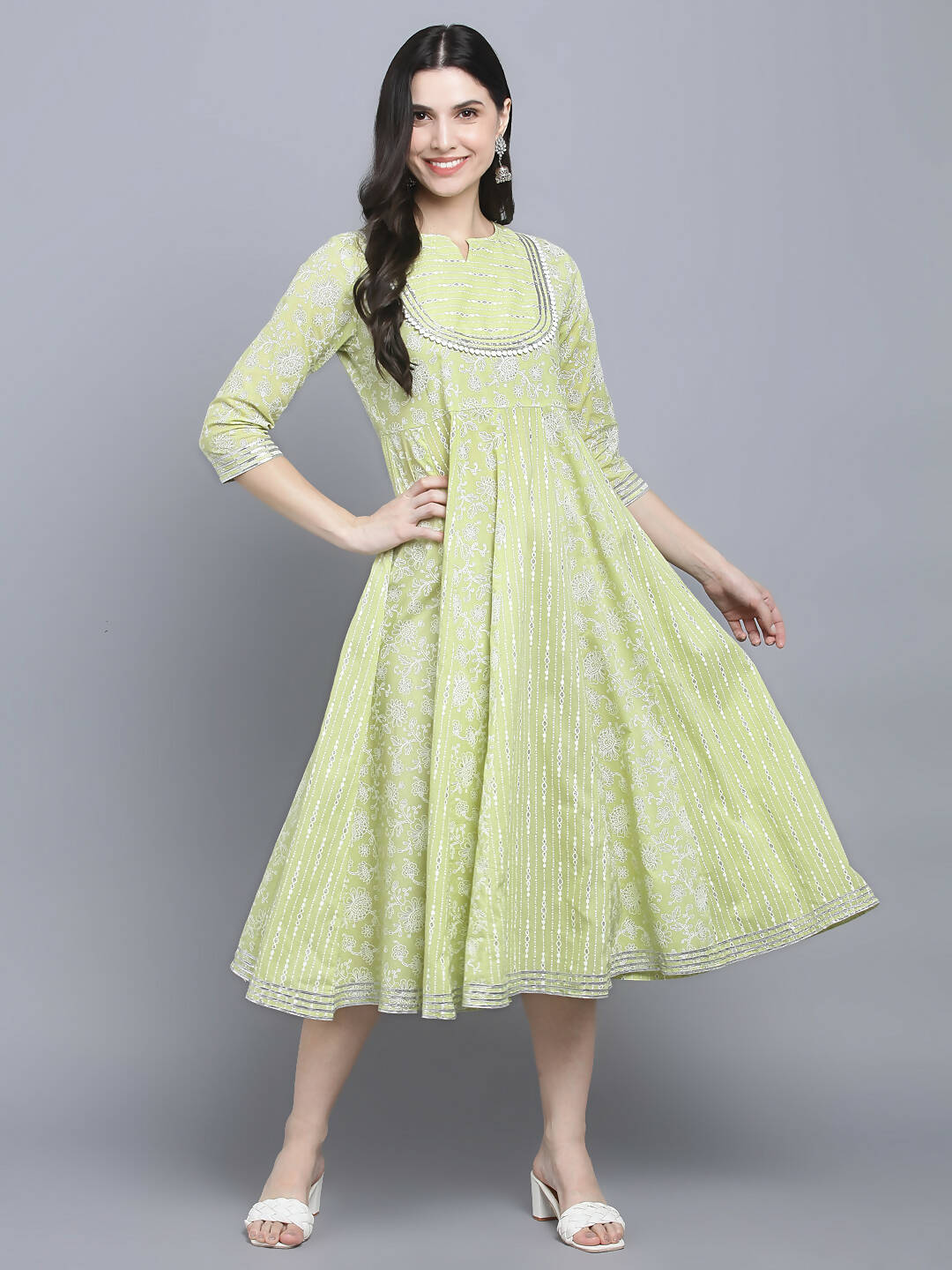 Myshka Women's Green Ethnic Motifs A-Line Midi Dress - Distacart
