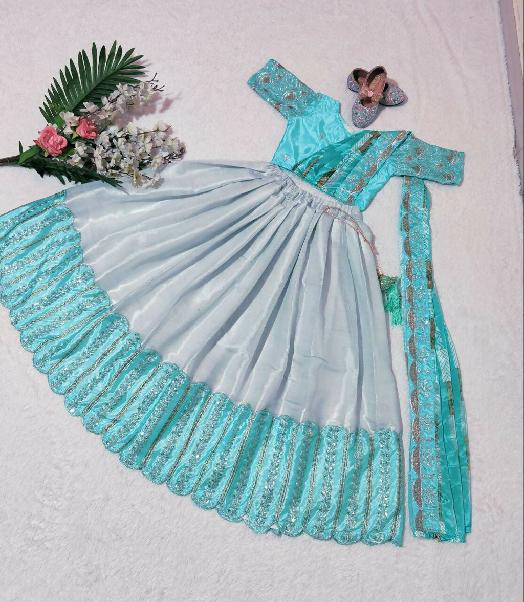 Jyoti Fashion Classy Sky Blue Heavy Chenille Sequins Embroidered Kids Lehenga Choli Set