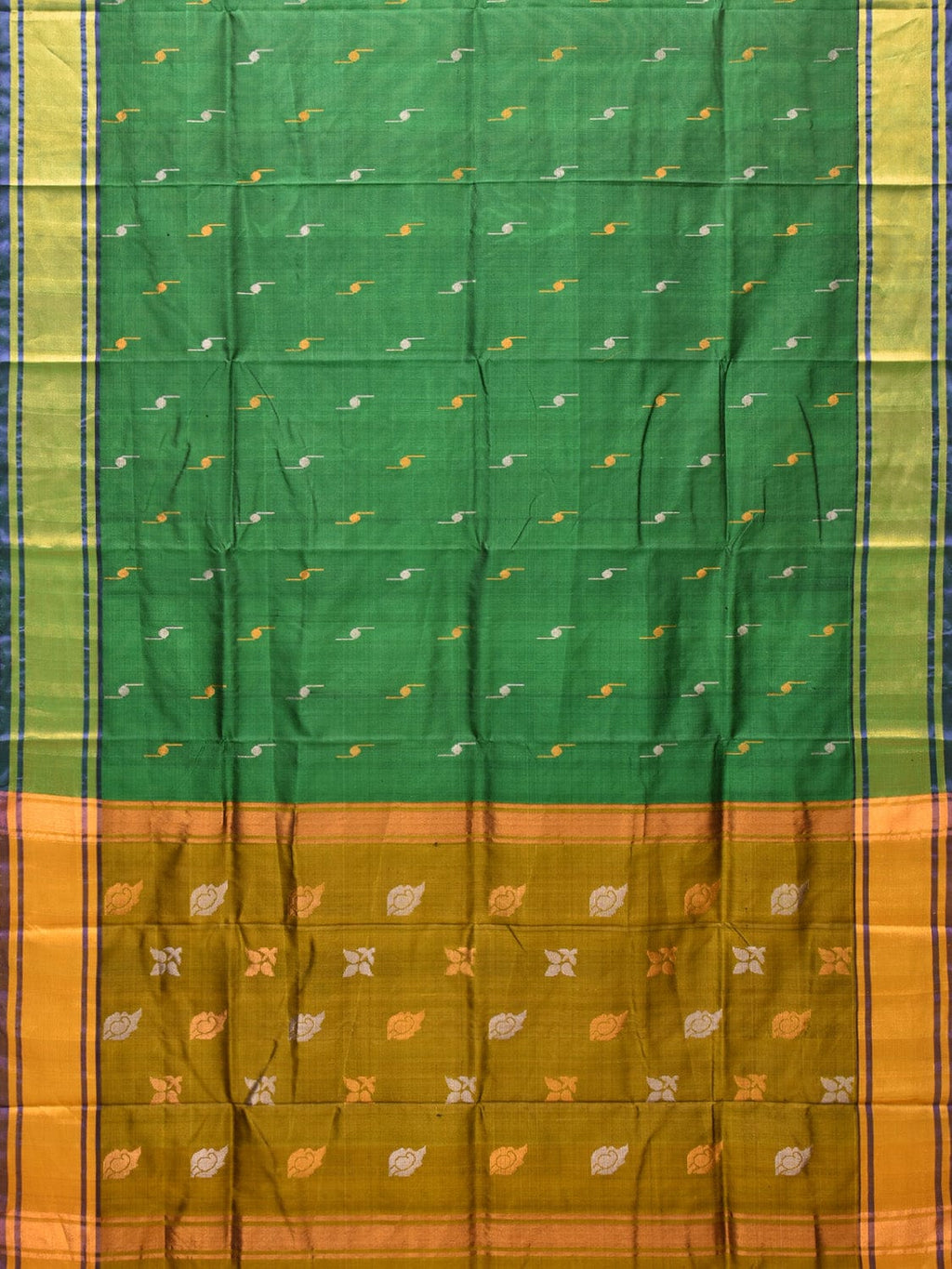 Green and Olive Uppada Silk Handloom Saree with Buta Design - Global Threads