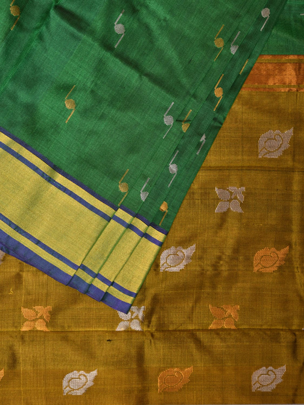 Green and Olive Uppada Silk Handloom Saree with Buta Design - Global Threads