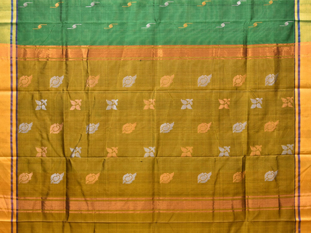 Green and Olive Uppada Silk Handloom Saree with Buta Design - Global Threads