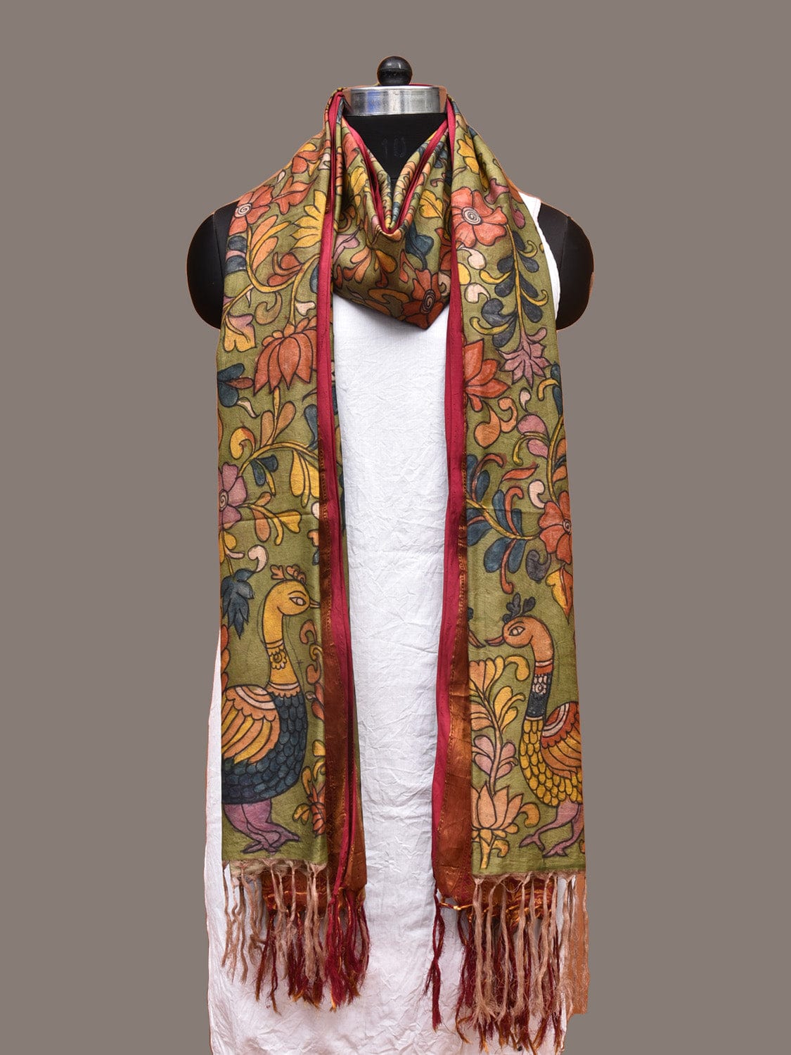 Green and Pink Kalamkari Hand Painted Kanchipuram Silk Handloom Dupatta with Floral and Peacocks Design - Global Threads