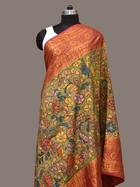 Green and Pink Kalamkari Hand Painted Kanchipuram Silk Handloom Dupatta with Floral and Peacocks Design - Global Threads