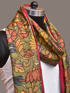Green and Pink Kalamkari Hand Painted Kanchipuram Silk Handloom Dupatta with Floral and Peacocks Design - Global Threads