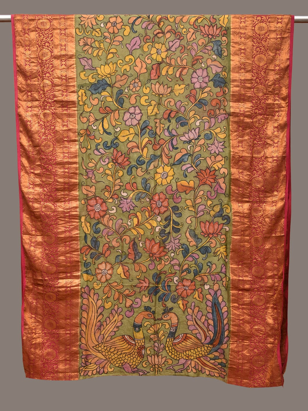 Green and Pink Kalamkari Hand Painted Kanchipuram Silk Handloom Dupatta with Floral and Peacocks Design - Global Threads
