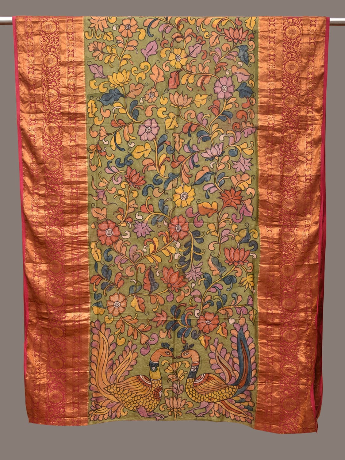 Green and Pink Kalamkari Hand Painted Kanchipuram Silk Handloom Dupatta with Floral and Peacocks Design - Global Threads