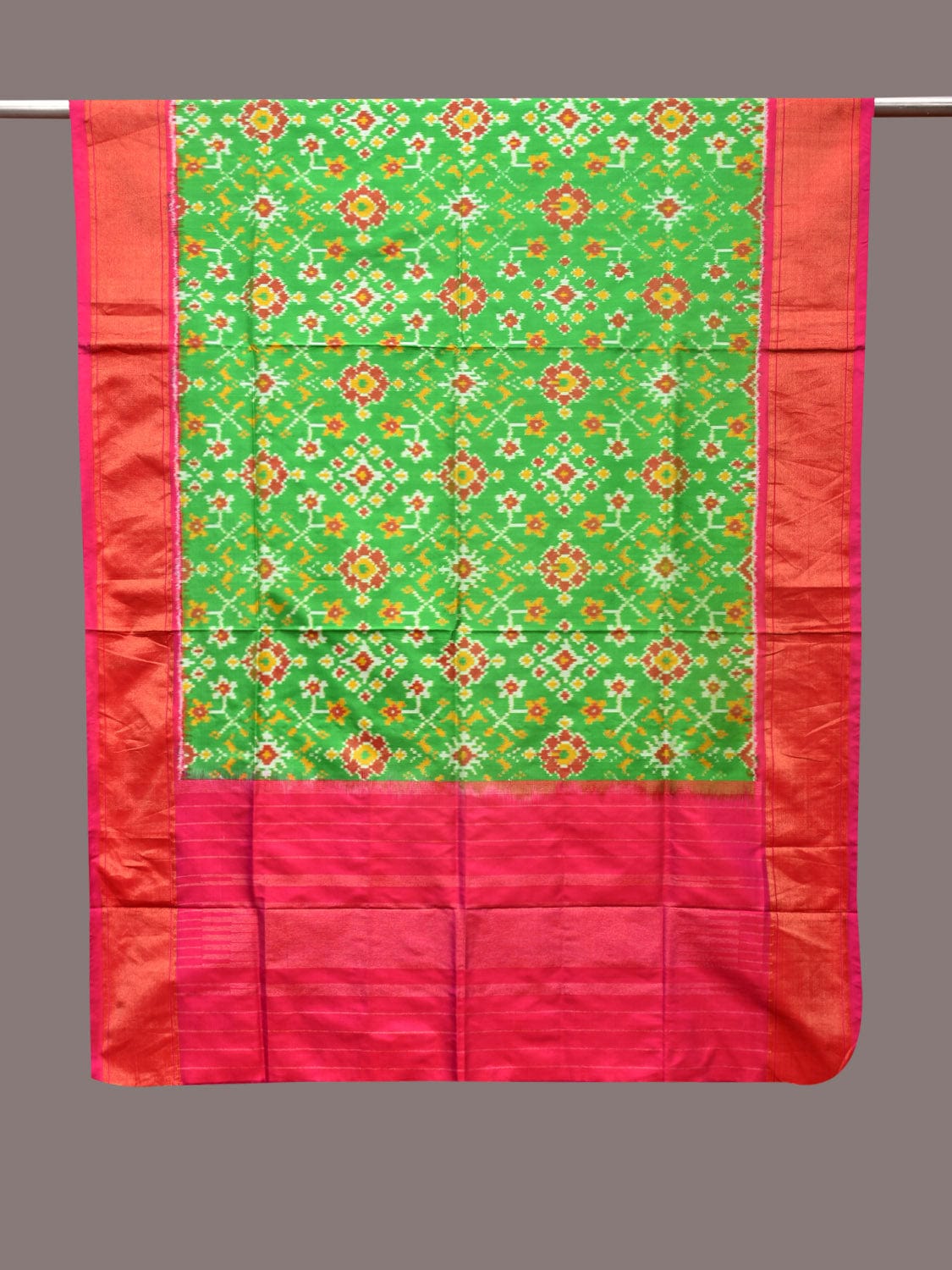 Green and Pink Pochampally Ikat Silk Handloom Dupatta with All Over Design - Global Threads