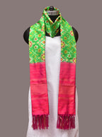 Green and Pink Pochampally Ikat Silk Handloom Dupatta with All Over Design - Global Threads
