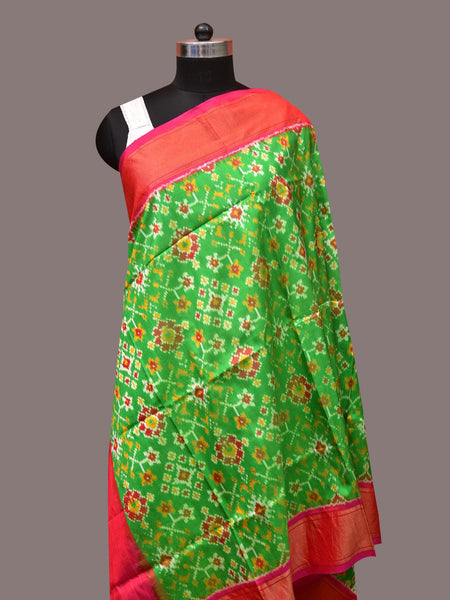 Green and Pink Pochampally Ikat Silk Handloom Dupatta with All Over Design - Global Threads