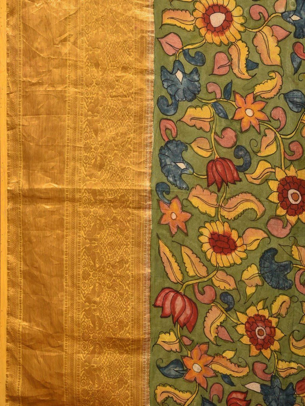 Green and Purple Bandhani Kanchipuram Silk Handloom Saree with Kalamkari Floral Body Design - Global Threads