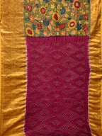 Green and Purple Bandhani Kanchipuram Silk Handloom Saree with Kalamkari Floral Body Design - Global Threads