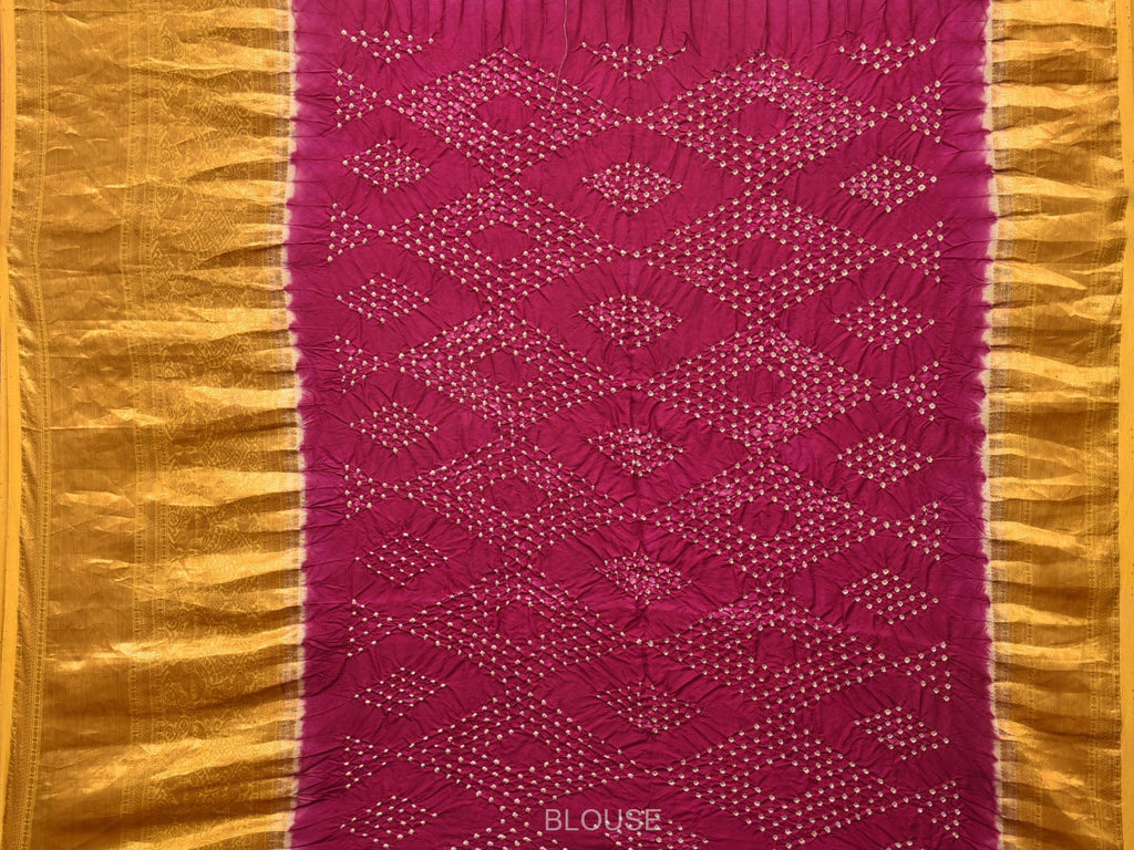 Green and Purple Bandhani Kanchipuram Silk Handloom Saree with Kalamkari Floral Body Design - Global Threads