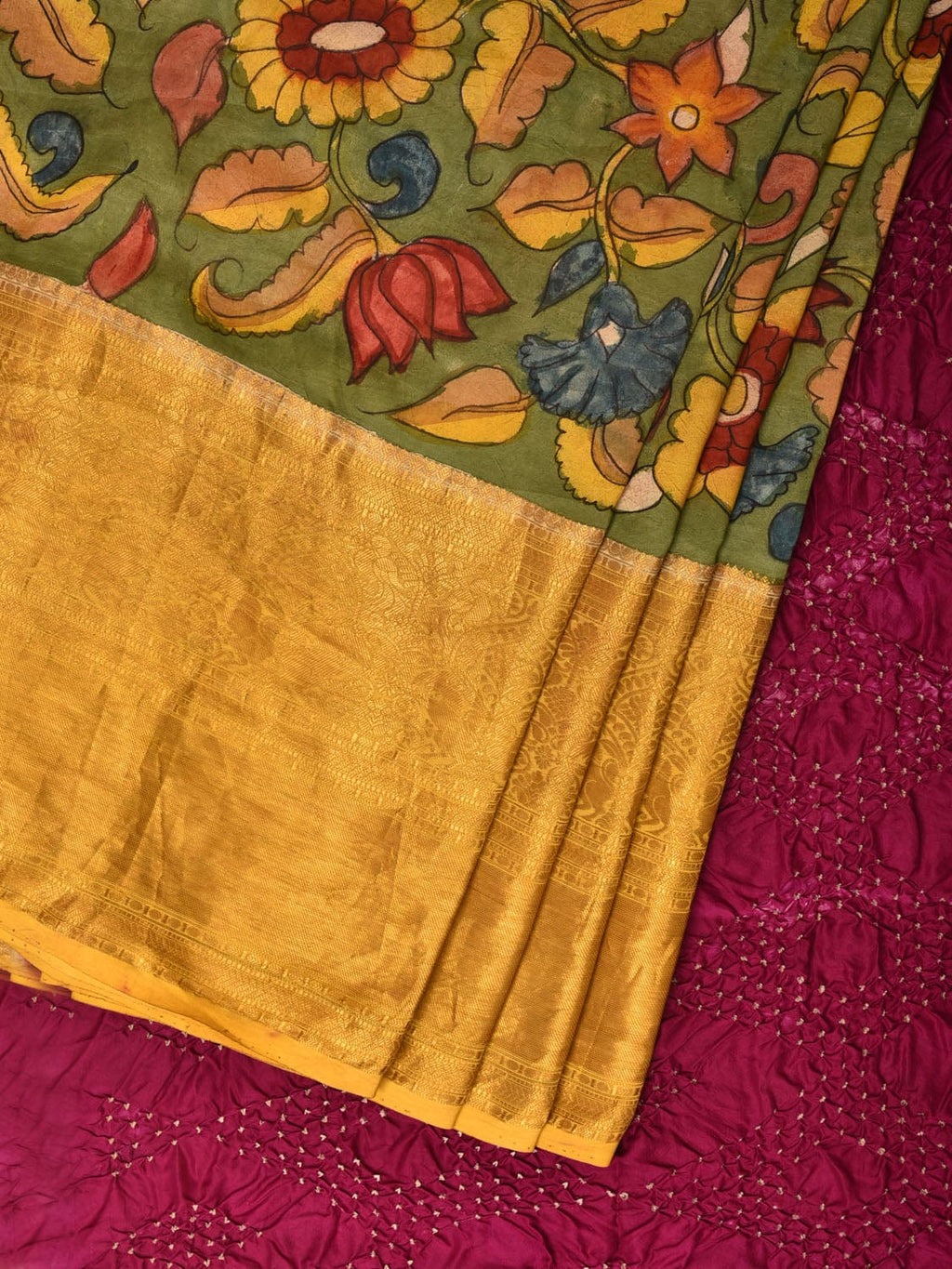Green and Purple Bandhani Kanchipuram Silk Handloom Saree with Kalamkari Floral Body Design - Global Threads
