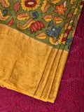 Green and Purple Bandhani Kanchipuram Silk Handloom Saree with Kalamkari Floral Body Design - Global Threads