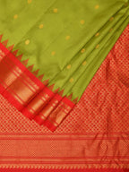 Green and Red Gadwal Silk Handloom Saree with Mango Pallu Design - Global Threads