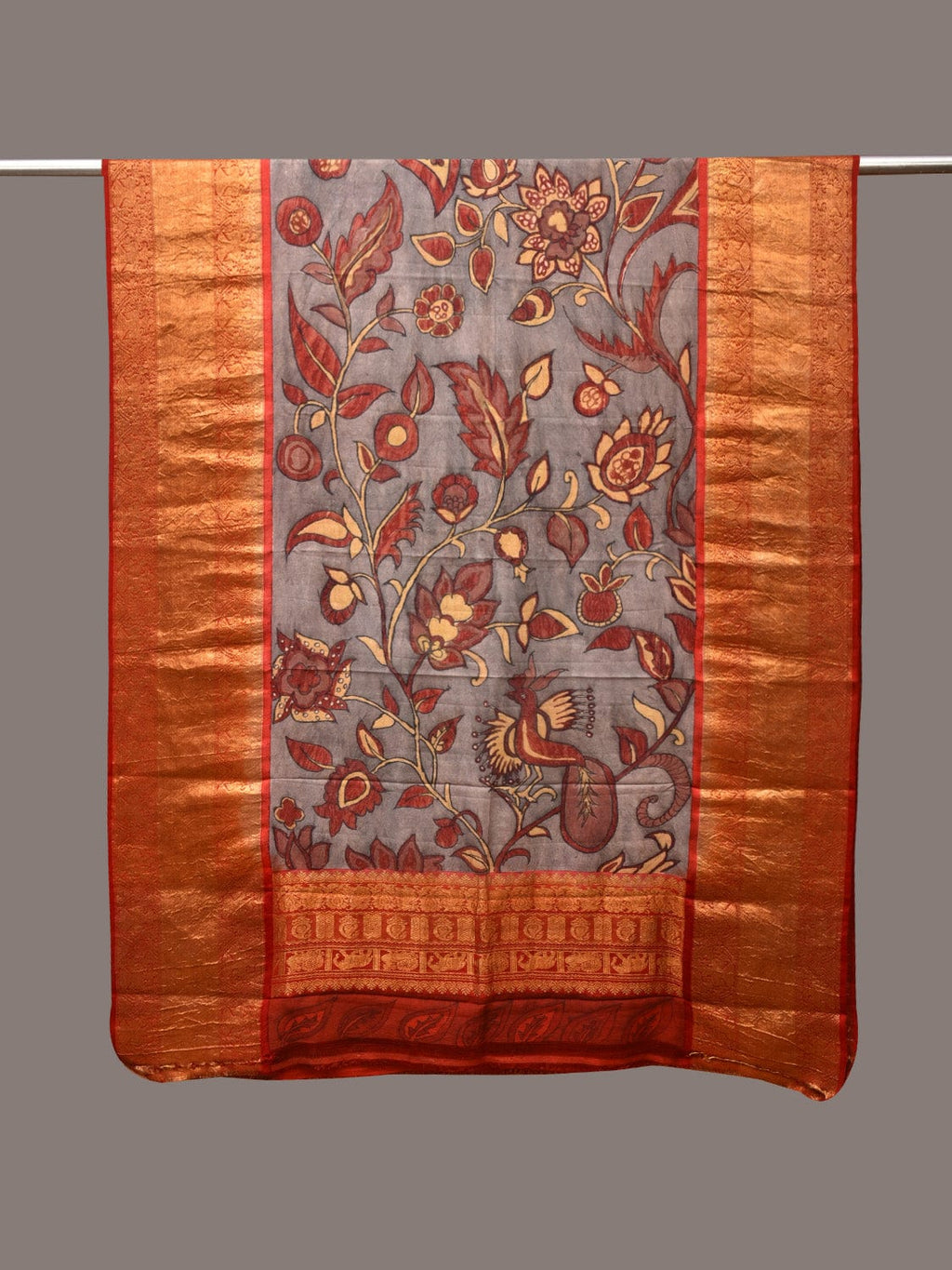 Green and Red Kalamkari Hand Painted Kanchipuram Silk Handloom Dupatta with Floral Design - Global Threads