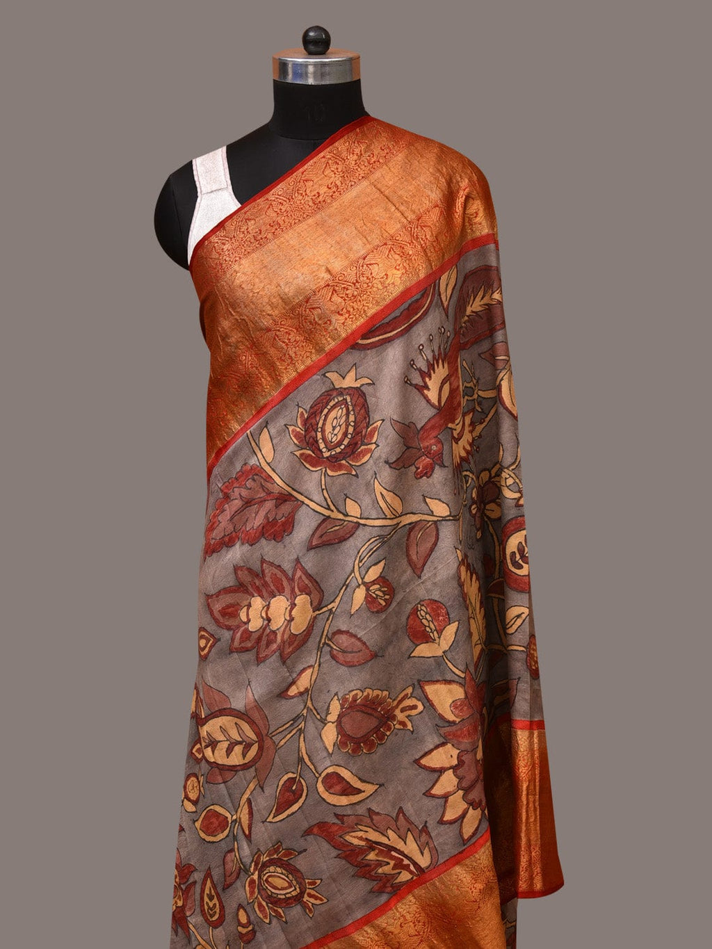 Green and Red Kalamkari Hand Painted Kanchipuram Silk Handloom Dupatta with Floral Design - Global Threads