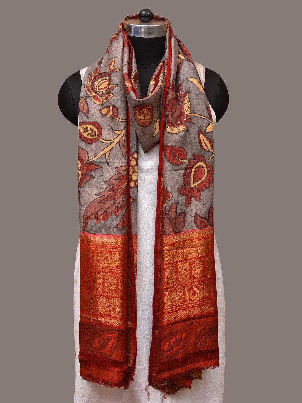 Green and Red Kalamkari Hand Painted Kanchipuram Silk Handloom Dupatta with Floral Design - Global Threads