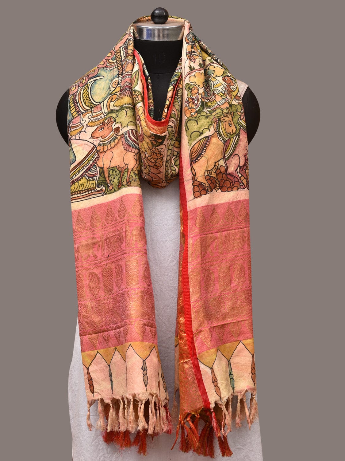Green and Red Kalamkari Hand Painted Kanchipuram Silk Handloom Dupatta with Krishna Design - Global Threads