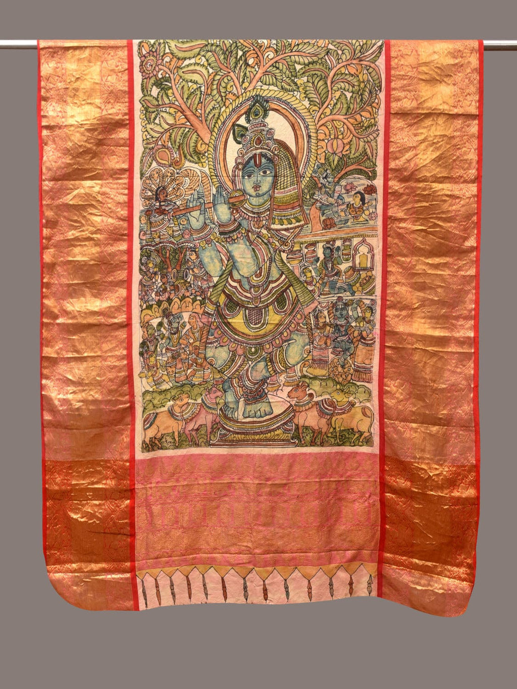 Green and Red Kalamkari Hand Painted Kanchipuram Silk Handloom Dupatta with Krishna Design - Global Threads