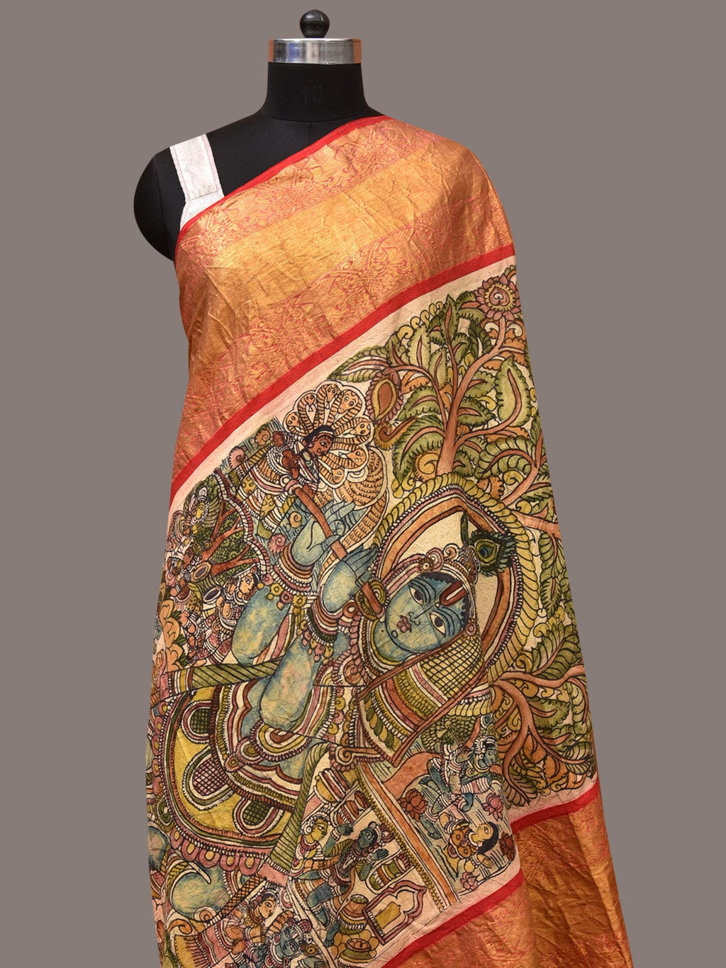 Green and Red Kalamkari Hand Painted Kanchipuram Silk Handloom Dupatta with Krishna Design - Global Threads