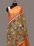 Green and Red Kalamkari Hand Painted Kanchipuram Silk Handloom Dupatta with Krishna Design - Global Threads