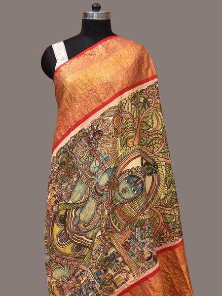 Green and Red Kalamkari Hand Painted Kanchipuram Silk Handloom Dupatta with Krishna Design - Global Threads