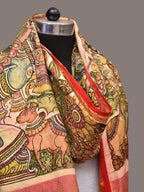 Green and Red Kalamkari Hand Painted Kanchipuram Silk Handloom Dupatta with Krishna Design - Global Threads