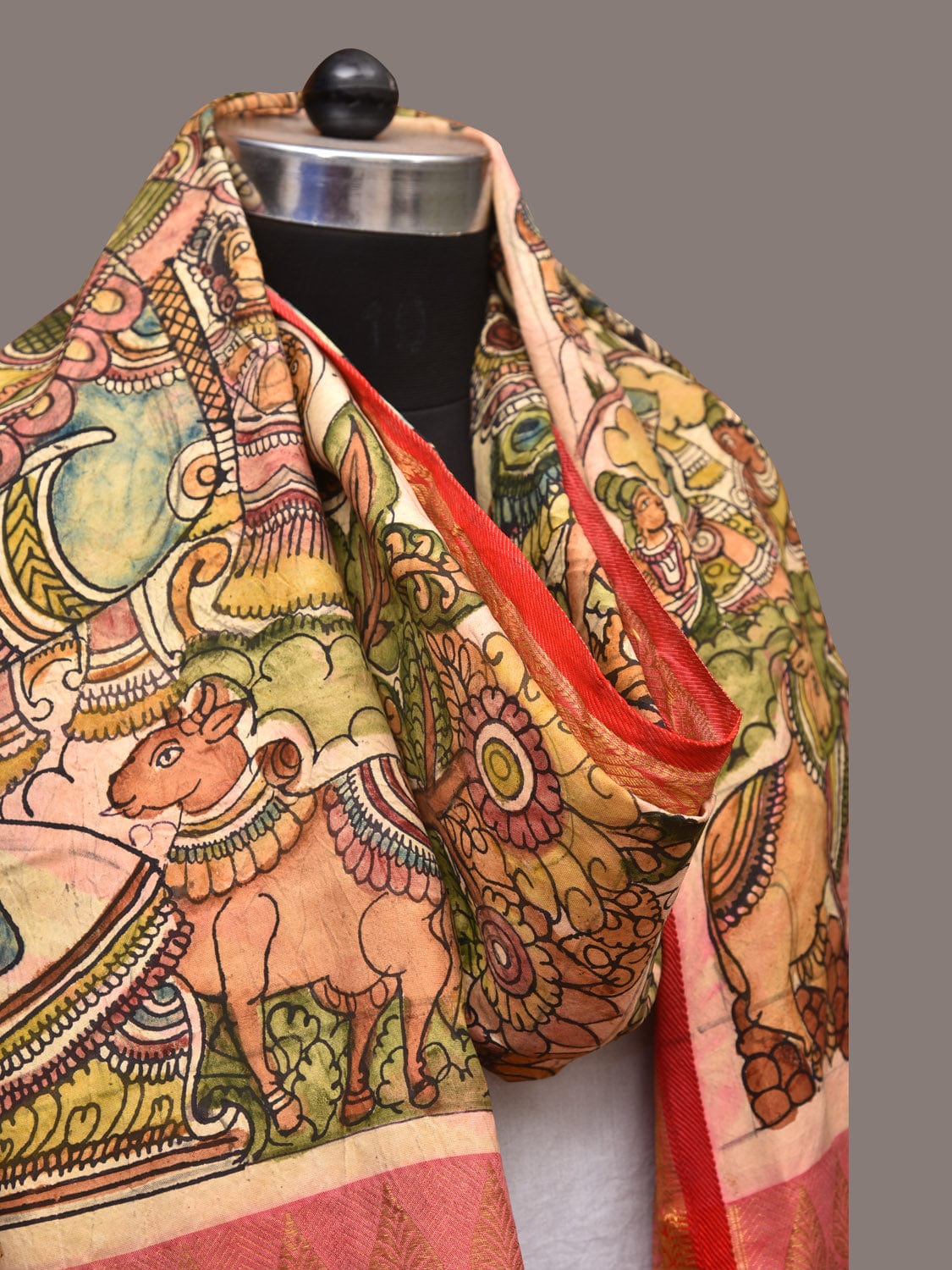 Green and Red Kalamkari Hand Painted Kanchipuram Silk Handloom Dupatta with Krishna Design - Global Threads