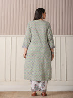 Yufta Green And White Hand Embroidery Cotton Plus Size Kurta Dupatta Set - Distacart
