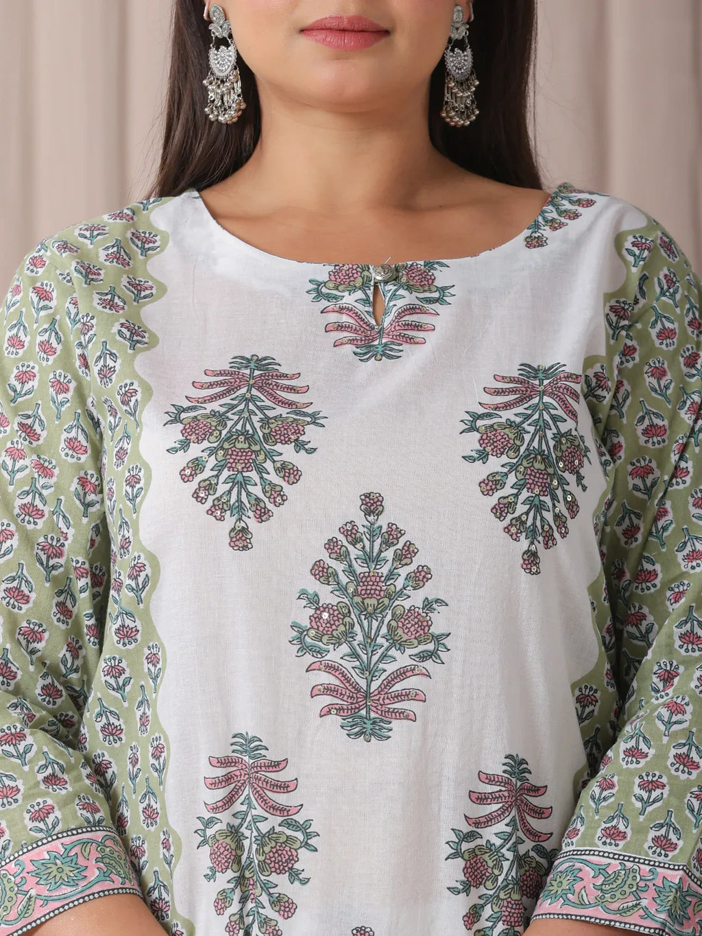 Yufta Green And White Hand Embroidery Cotton Plus Size Kurta Dupatta Set - Distacart