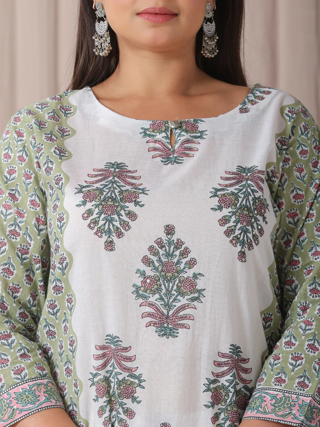 Yufta Green And White Hand Embroidery Cotton Plus Size Kurta Dupatta Set - Distacart