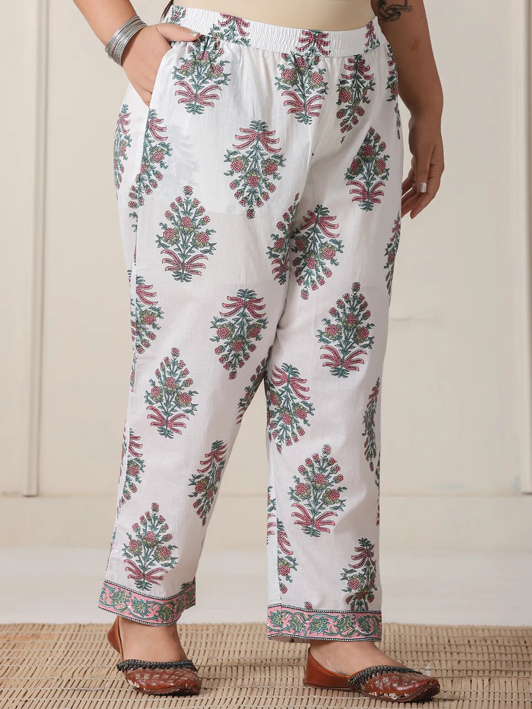 Yufta Green And White Hand Embroidery Cotton Plus Size Kurta Dupatta Set - Distacart