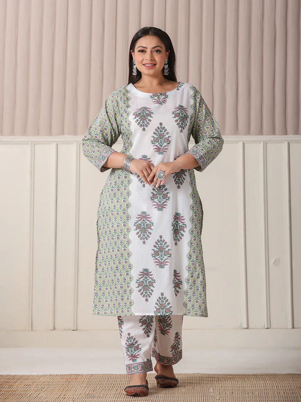 Yufta Green And White Hand Embroidery Cotton Plus Size Kurta Dupatta Set - Distacart