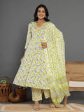 Yufta Green Beads & Stones Cotton Anarkali Kurta Dupatta Pant Set