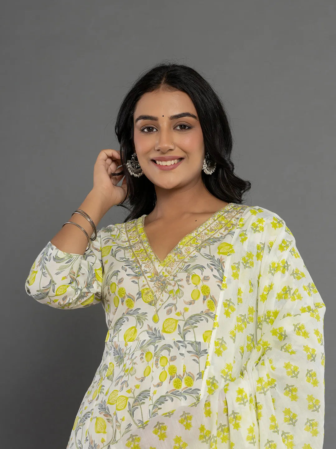 Yufta Green Beads & Stones Cotton Anarkali Kurta Dupatta Pant Set