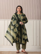Yufta Green Block Print Cotton Lace Work Plus Size Kurta Set With Pant & Dupatta