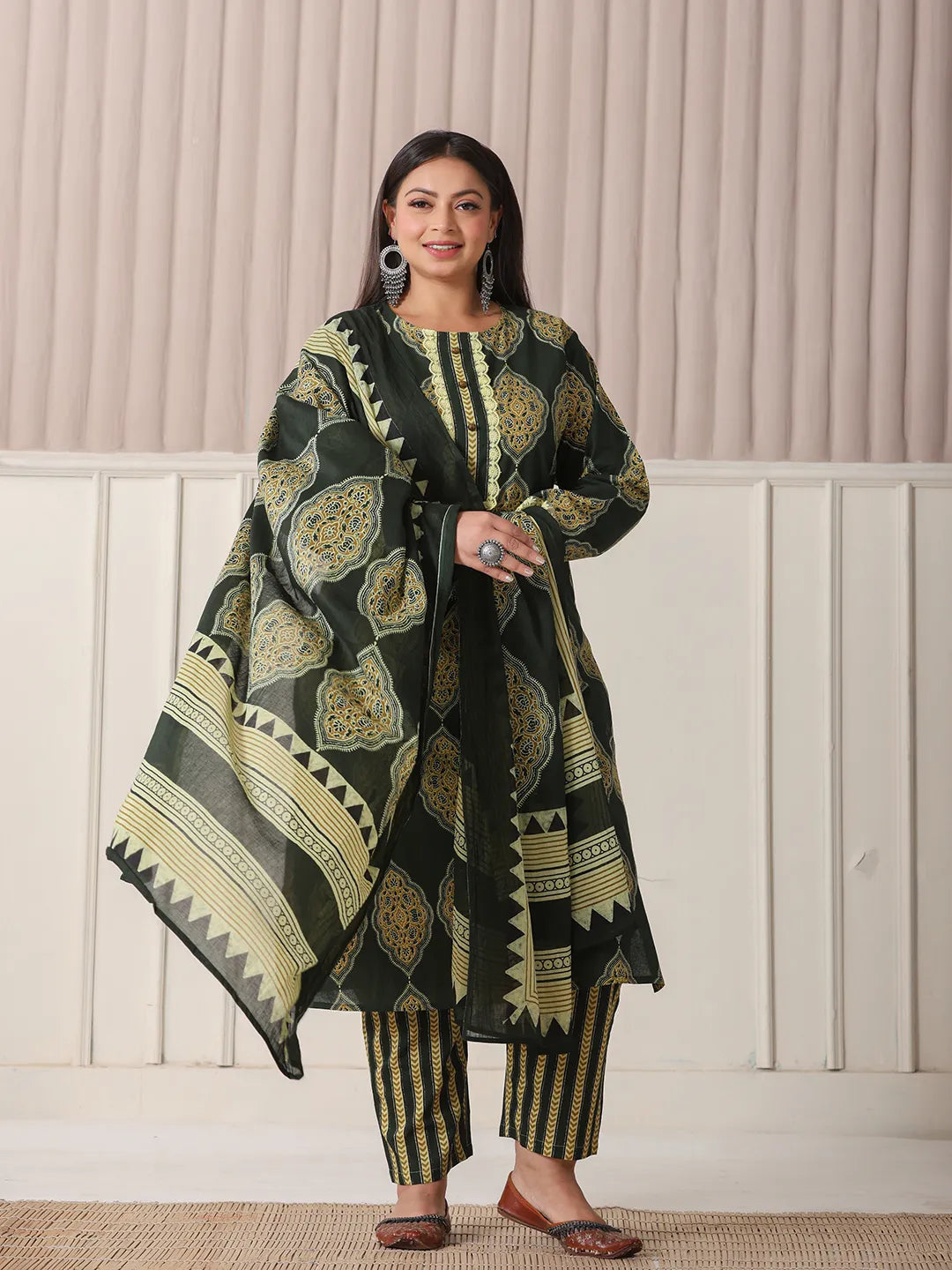 Yufta Green Block Print Cotton Lace Work Plus Size Kurta Set With Pant & Dupatta