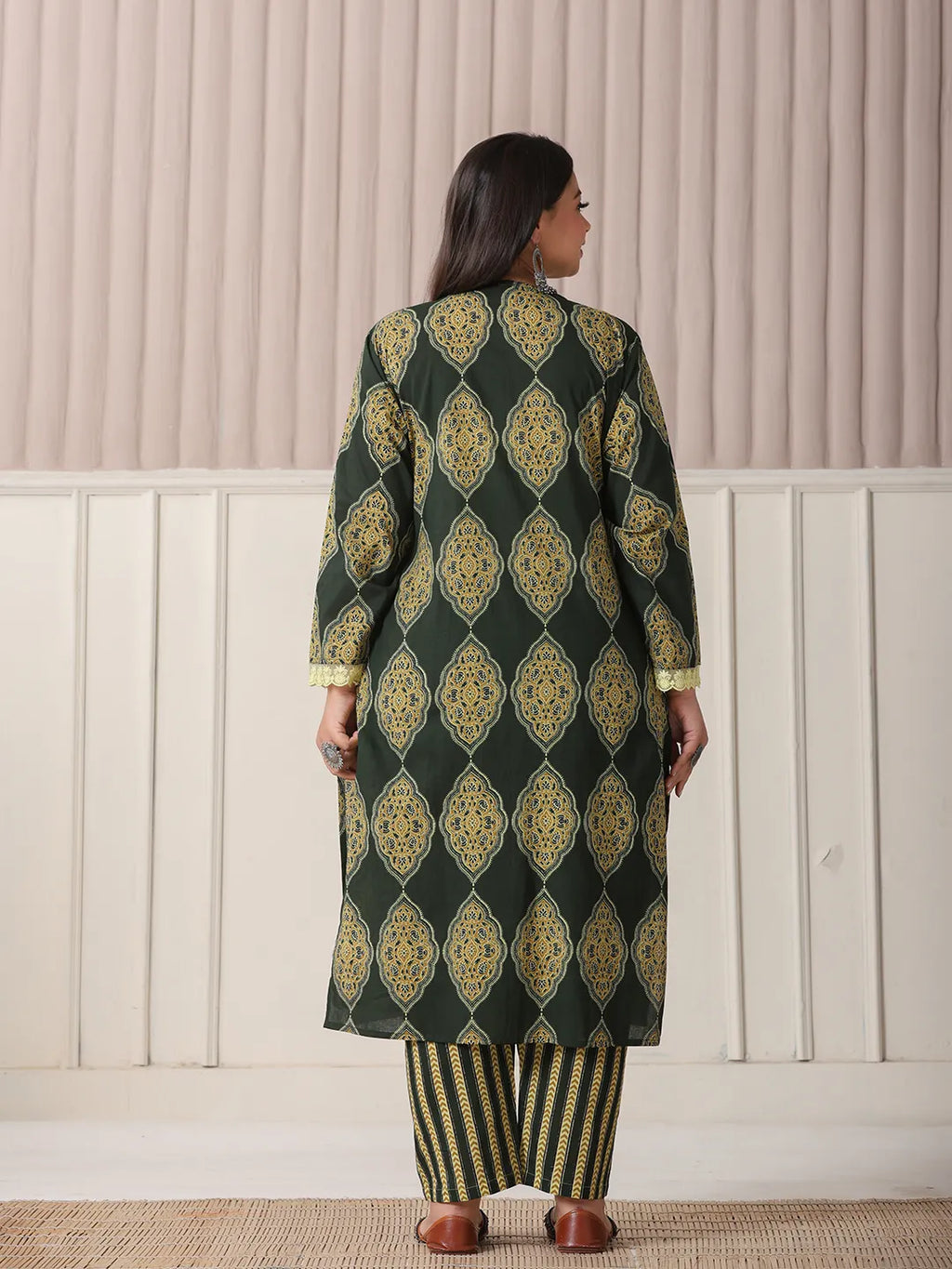 Yufta Green Block Print Cotton Lace Work Plus Size Kurta Set With Pant & Dupatta