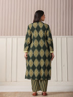 Yufta Green Block Print Cotton Lace Work Plus Size Kurta Set With Pant & Dupatta