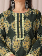 Yufta Green Block Print Cotton Lace Work Plus Size Kurta Set With Pant & Dupatta