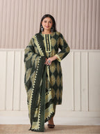Yufta Green Block Print Cotton Lace Work Plus Size Kurta Set With Pant & Dupatta