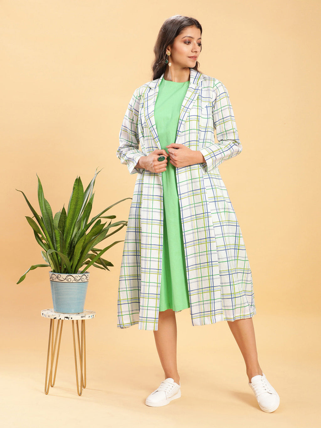 BohoJazz White Leaf Green Check Linen Jacket with Solid Linen Dress - Distacart